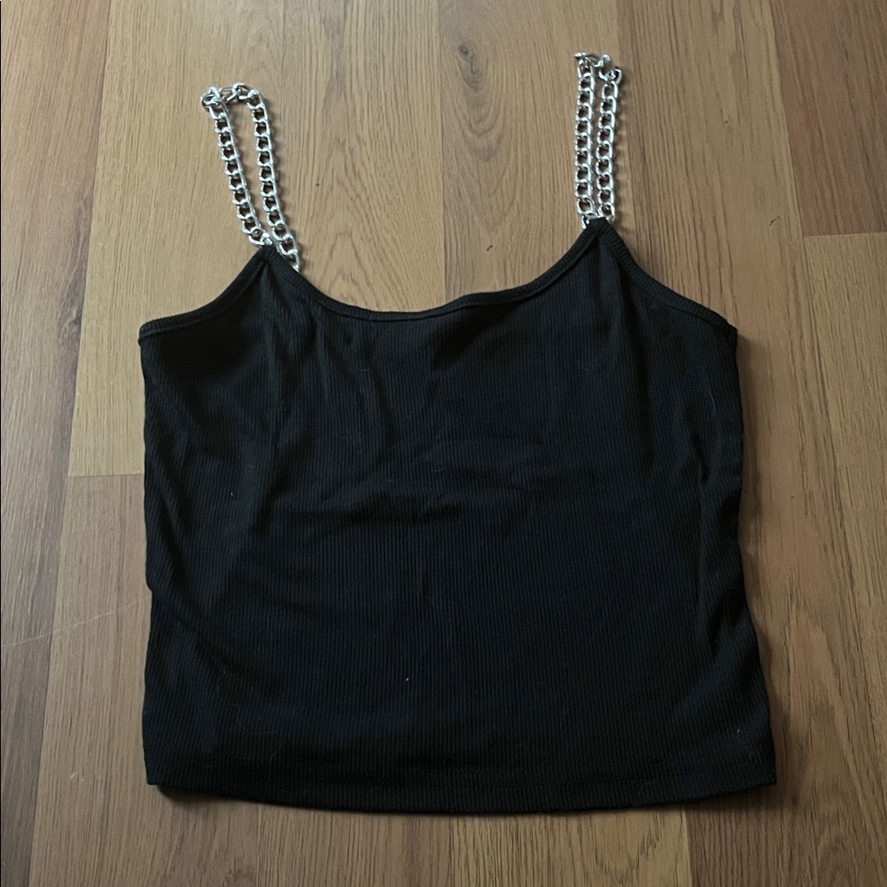Black Ribbed Crop Top with Silver Chain Straps